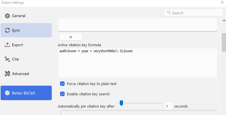 Better BibTeX settings in Zotero